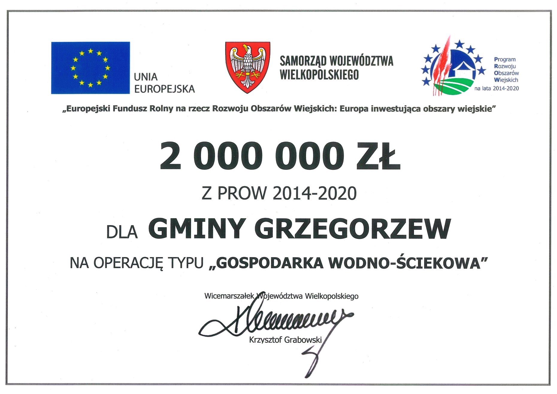 Dofinansowanie na budowę Stacji Uzdatniania Wody w Grzegorzewie
